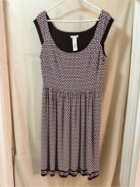 London Times Geometric Print Fit & Flare Dress Brown Retro Size 14 Midi